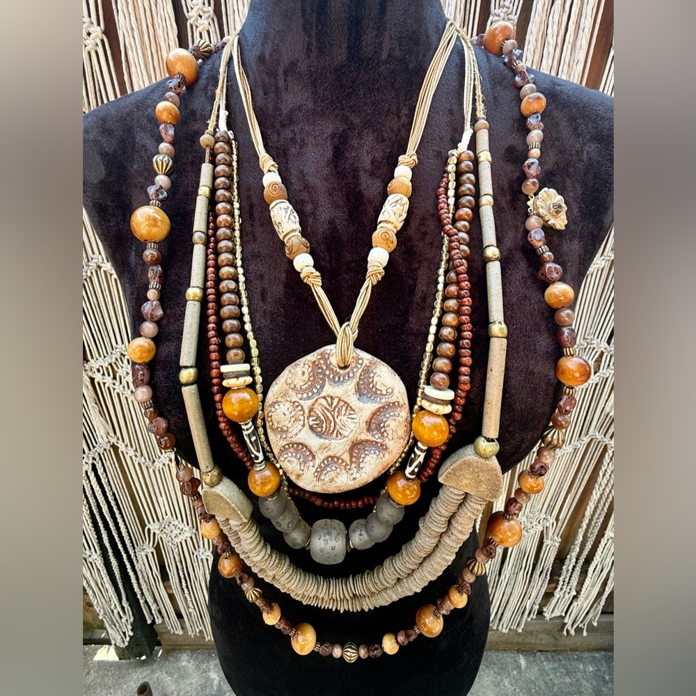 Several Bohemian Multi-Layered Necklaces, bracelets and earrings